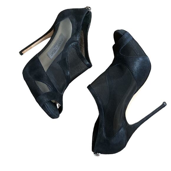 Jimmy Choo Black Mesh And Suede Marble Peep Toe Booties Size 38.5 - Picture 4 of 11